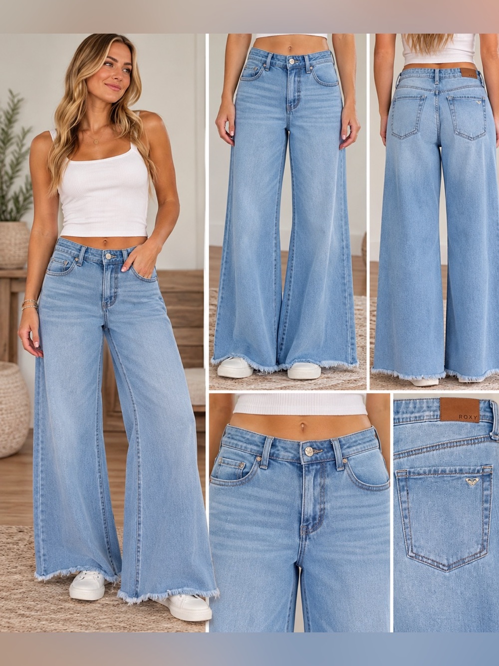 Roxy Wide Leg Jeans Light Wash High Rise Raw Hem Boho Coastal Denim